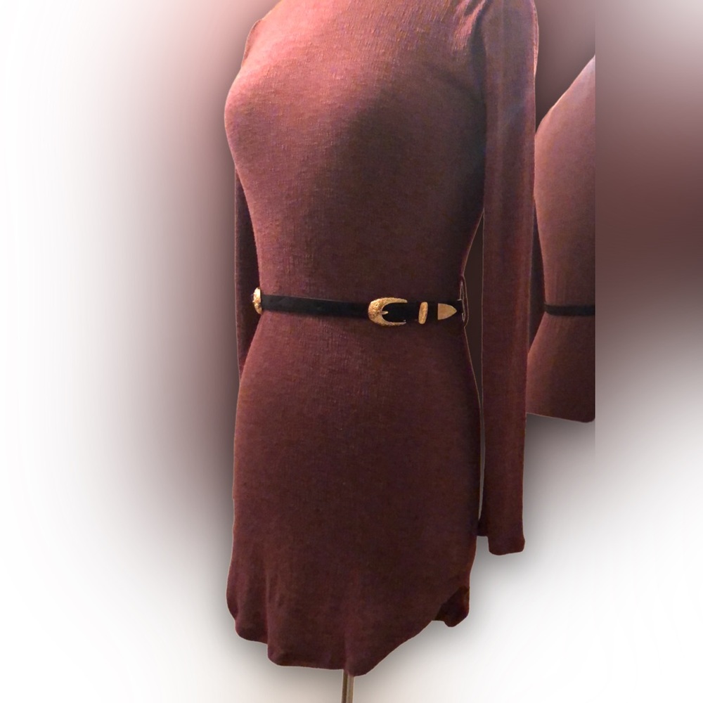 Polly & Esther Sleek Burgundy Form Fitted Dress with A Double Sided Buckle Belt